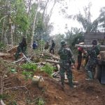 Prajurit TNI Kumpulkan Potongan Pohon yang Ditebang untuk Pembukaan Jalan Desa Mekar Jaya